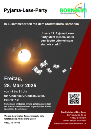 Auf dem Bild ist das Plakat für die Veranstaltung "Pyjama-Lese-Party in der Stadtbücherei Bornheim" dargestellt. Es zeigt Bücher, die in der Dunkelheit auf das Mondlicht zufliegen.