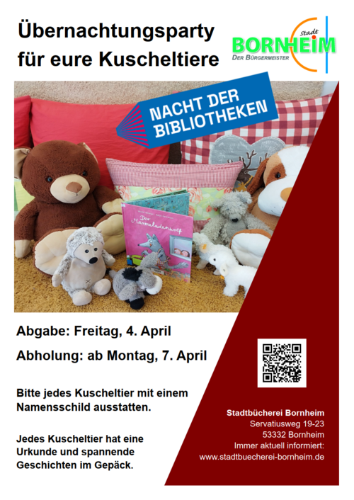 Das Bild zeigt das Plakat für die Veranstaltung "Übernachtungsparty für eure Kuscheltiere". Es zeigt Kuscheltiere, die vor einem Bilderbuch versammelt sind und darin lesen.