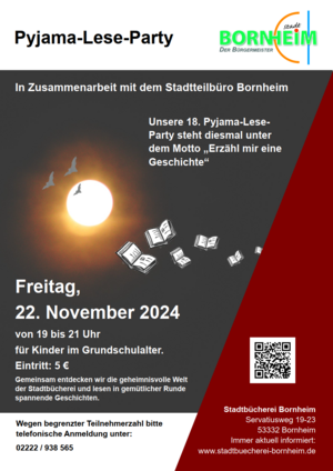 Auf dem Bild ist das Plakat für die Veranstaltung "Pyjama-Lese-Party in der Stadtbücherei Bornheim" dargestellt. Es zeigt Bücher, die in der Dunkelheit auf das Mondlicht zufliegen.