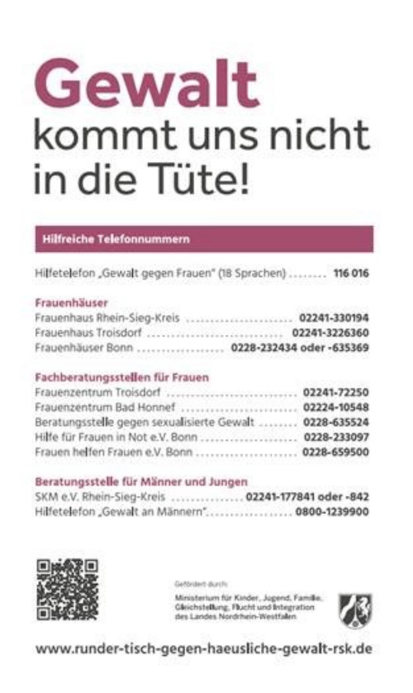 Aktion Gewalt kommt uns nicht in die Tüte - Hilfreiche Telefonnummern Aktion Gewalt kommt uns nicht in die Tüte - Hilfreiche Telefonnummern